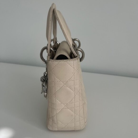 Auth SMALL LADY DIOR Cannage Quilted Leather Bag in LATTE Cream, Silver Hardware - Picture 5 of 15